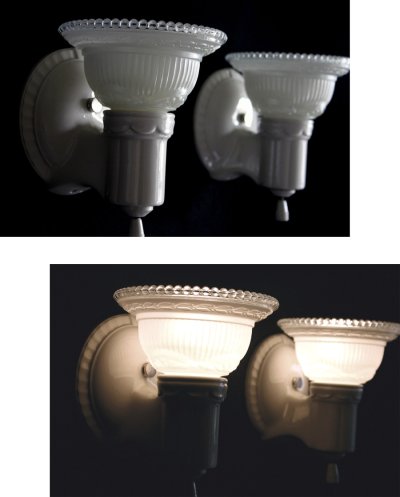 画像1: 1930-40's "2-way" Porcelain Bathroom Lamp 【PAIR】