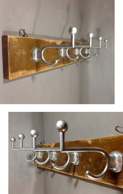 画像1: "Art Deco" Aluminum Coat Hooks on Wood Bar