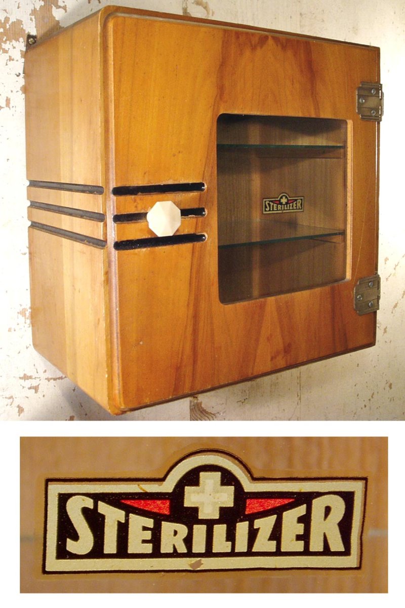 画像1: 1930-40's Barber Shop "STERILIZER" Art Deco Wood Cabinet (1)