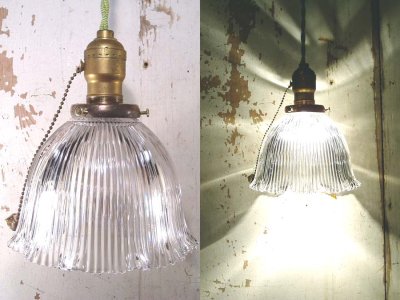 画像1: 1910-30's "Holophane" Ribbed Glass Pendant Lamp