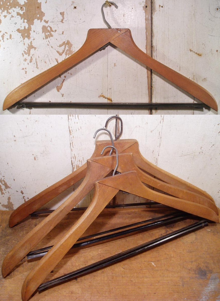 画像1: 3本set 1900-20's "Steel Bar Lock" Early Wood Hanger (1)