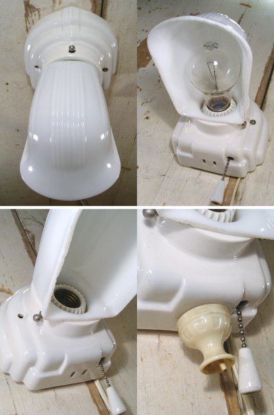 画像2: 1930-40's DECO "Porcelain＆Milk Glass" Bathroom Lamp