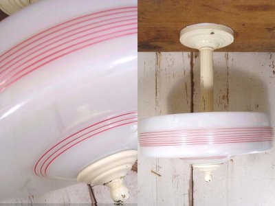 画像1: 1930-40's Art-Deco "RED-Lines" Glass Shade Ceiling Lamp 