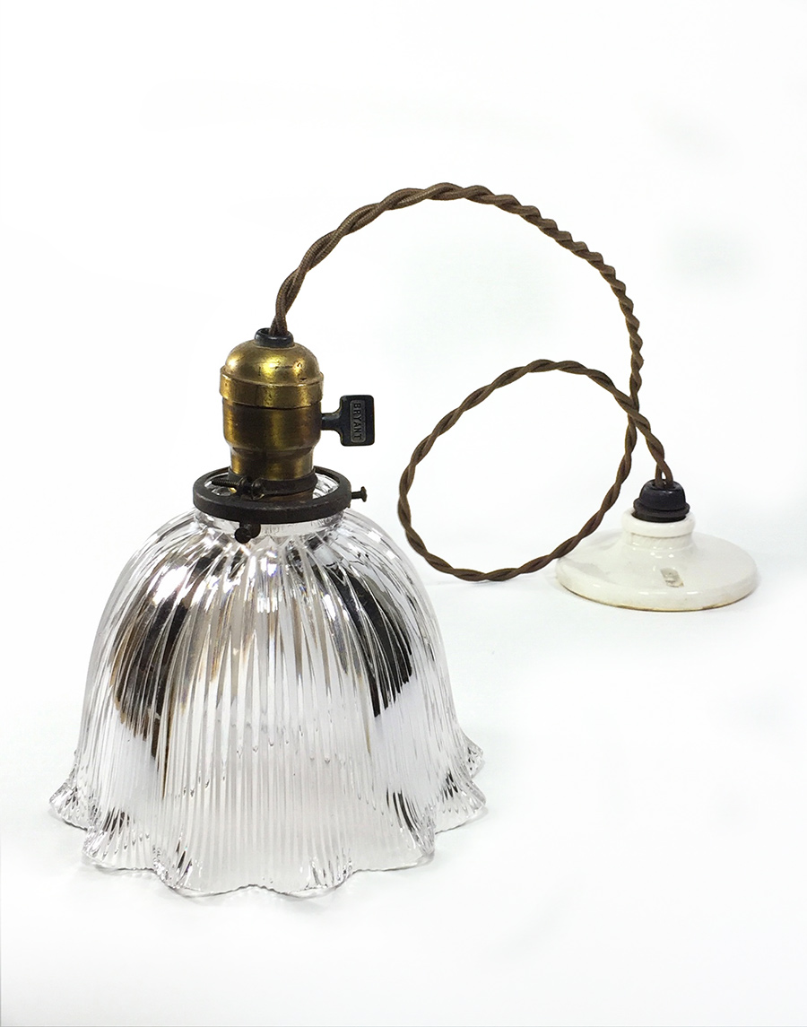 画像1: Early 1900's "HOLOPHANE" Ribbed Glass Pendant Lamp (1)